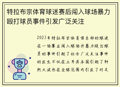 特拉布宗体育球迷赛后闯入球场暴力殴打球员事件引发广泛关注